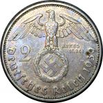 Германия • 3-й рейх 1939 г. J (Гамбург) • KM# 93 • 2 рейхсмарки • символ Рейха • Гинденбург • серебро • регулярный выпуск • BU-