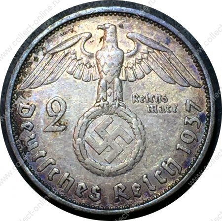 Германия • 3-й рейх 1937 г. F (Штутгарт) • KM# 93 • 2 рейхсмарки • (серебро) • президент Гинденбург • регулярный выпуск • XF+