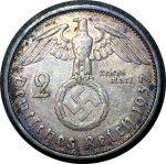 Германия • 3-й рейх 1937 г. F (Штутгарт) • KM# 93 • 2 рейхсмарки • (серебро) • президент Гинденбург • регулярный выпуск • XF+