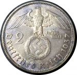 Германия • 3-й рейх 1937 г. D (Мюнхен) • KM# 93 • 2 рейхсмарки • (серебро) • президент Гинденбург • регулярный выпуск • BU-