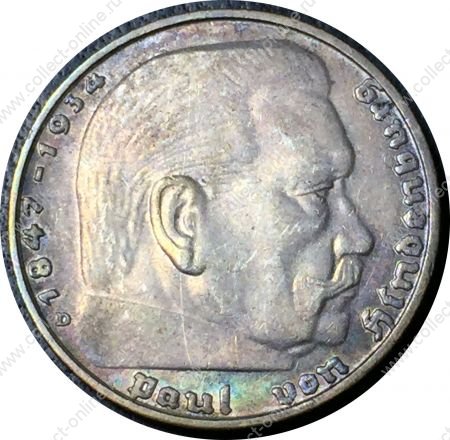 Германия • 3-й рейх 1937 г. D (Мюнхен) • KM# 93 • 2 рейхсмарки • (серебро) • президент Гинденбург • регулярный выпуск • BU-