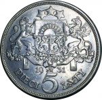 Латвия 1931 г. • KM# 9 • 5 латов • герб Республики • регулярный выпуск • BU-