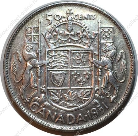 Канада 1951 г. • KM# 45 • 50 центов • Георг VI • серебро • регулярный выпуск • AU+