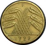 Германия 1929 г. F (Штутгарт) • KM# 40 • 10 рейхспфеннигов • колосья пшеницы • регулярный выпуск • XF ( кат. - $15 )
