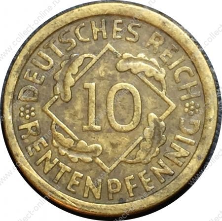 Германия 1924 г. J (Гамбург) • KM# 33 • 10 рентенпфеннигов • колосья пшеницы • регулярный выпуск • XF- ( кат. - $8 )