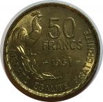 Франция 1951 г. • KM# 918.1 • 50 франков • петух • регулярный выпуск • MS BU 