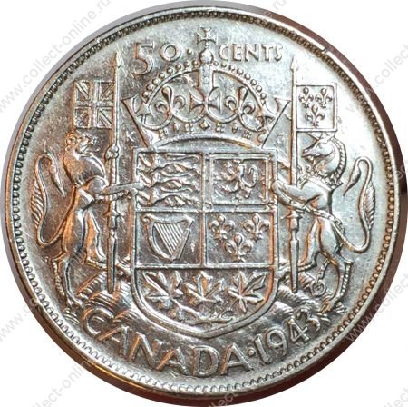 Канада 1943 г. • KM# 36 • 50 центов • Георг VI • серебро • регулярный выпуск • AU+