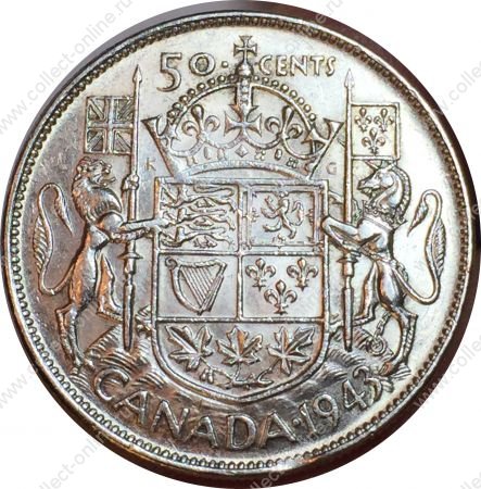 Канада 1943 г. • KM# 36 • 50 центов • Георг VI • серебро • регулярный выпуск • BU-