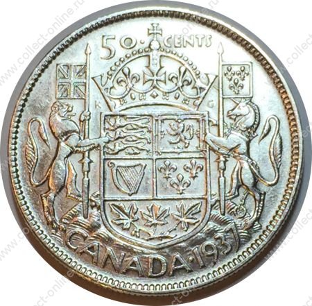 Канада 1937 г. • KM# 36 • 50 центов • Георг VI • серебро • регулярный выпуск(первый год) • XF+