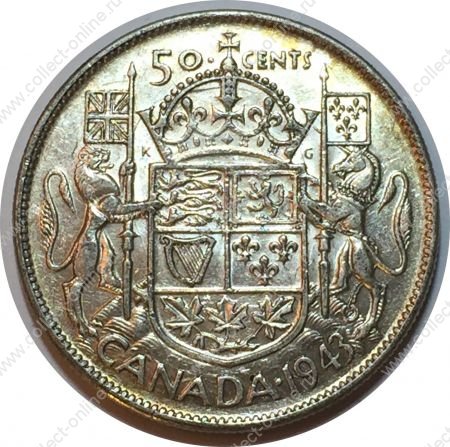 Канада 1943 г. • KM# 36 • 50 центов • Георг VI • серебро • регулярный выпуск • AU