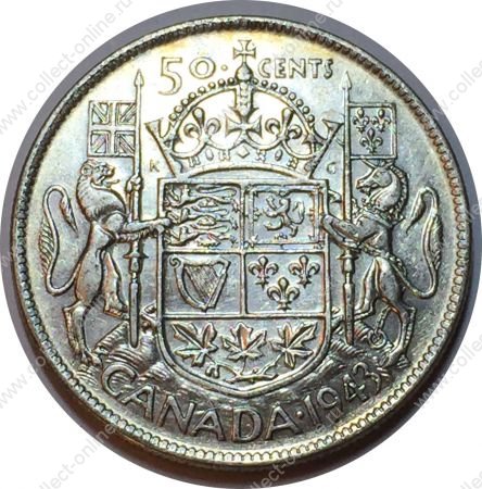Канада 1943 г. • KM# 36 • 50 центов • Георг VI • серебро • регулярный выпуск • XF-AU