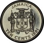Ямайка 1991 г. • KM# 146.1 • 10 центов • герб Ямайки • Пол Богл • регулярный выпуск • BU