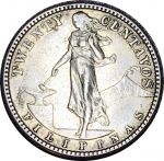 Филиппины 1912 г. S • KM# 170 • 20 сентаво • американский орел на щите • серебро • регулярный выпуск • AU