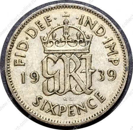 Великобритания 1939 г. • KM# 852 • 6 пенсов • Георг VI • регулярный выпуск • XF+
