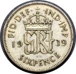 Великобритания 1939 г. • KM# 852 • 6 пенсов • Георг VI • регулярный выпуск • XF-