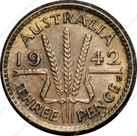 Австралия 1942 г. D • KM# 37 • 3 пенса • Георг VI • регулярный выпуск • AU+