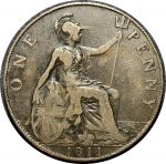 Великобритания 1911 г. • KM# 810 • 1 пенни • Георг V • регулярный выпуск(первый год) • VF-