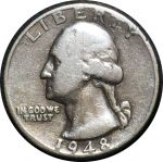 США 1948 г. D • KM# 164 • квотер (25 центов) • (серебро) • Джордж Вашингтон • регулярный выпуск • F-VF