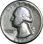 США 1947 г. S • KM# 164 • квотер (25 центов) • (серебро) • Джордж Вашингтон • регулярный выпуск • F-VF
