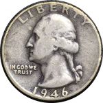 США 1946 г. D • KM# 164 • квотер (25 центов) • (серебро) • Джордж Вашингтон • регулярный выпуск • F-VF
