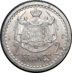 Монако 1943 г. • KM# 121 • 2 франка • Луи II • герб княжества • регулярный выпуск • AU+