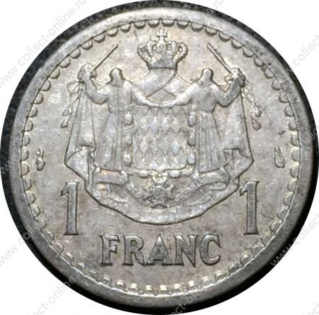 Монако 1943 г. KM# 120 • 1 франк • Луи II • герб княжества • регулярный выпуск • +/- XF ( кат. - $15 )