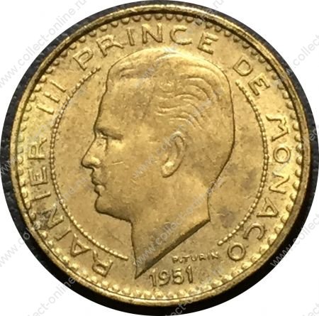 Монако 1951 г. • KM# 130 • 10 франков • Князь Ренье III • герб княжества • регулярный выпуск • AU+