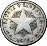 Куба 1915 г. • KM# 14 • 40 сентаво • звезда и герб • (серебро) • регулярный выпуск •  XF