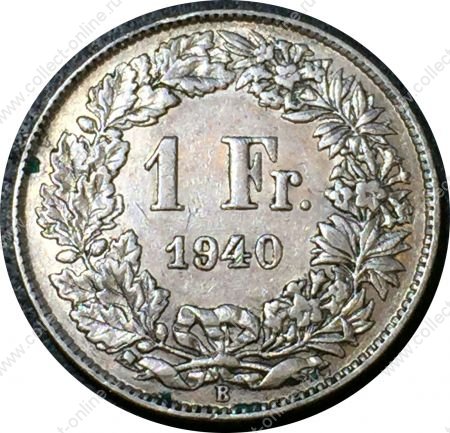 Швейцария 1940 г. B (Берн) • KM# 24 • 1 франк • серебро • регулярный выпуск • XF