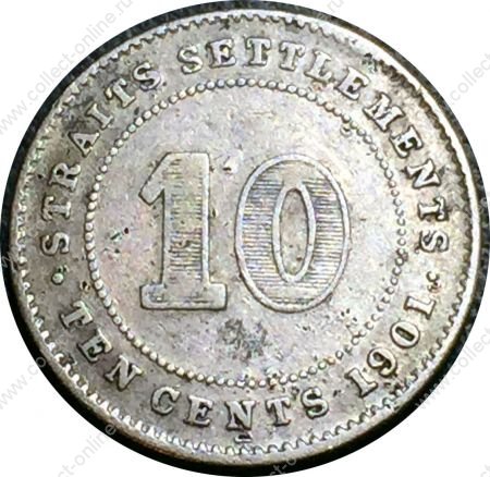 Стрейтс-Сетлментс 1901 г. • KM# 11 • 10 центов • королева Виктория • серебро • регулярный выпуск • VF- ( кат. - $25 )