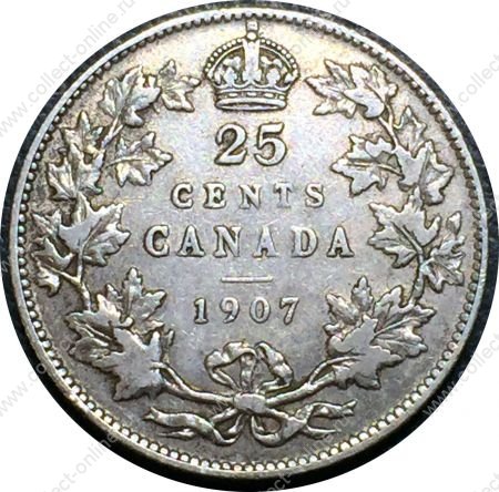 Канада 1907 г. • KM# 11 • 25 центов • Эдуард VII • серебро • регулярный выпуск • F-VF