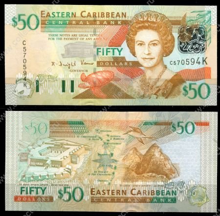 Восточные Карибы • Сент-Киттс 2003 г. • P# 45k • 50 долларов • Елизавета II • форт Бримстон • регулярный выпуск • UNC пресс