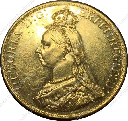 Великобритания 1887 г. • KM# 787 • 5 фунтов • Королева Виктория(юбилейный портрет) • св. Георгий • золото 917 - 39.94 гр. • регулярный выпуск • AU+