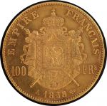 Франция 1858 г. A(Париж) • KM# 786.1 • 100 франков • Наполеон III • золото 900 - 32.76 гр. • регулярный выпуск • AU+ ( кат. - $3000+ ) ®