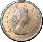 Южная Африка 1955 г. • KM# 46 • 1 пенни • Елизавета II • парусник • регулярный выпуск • MS пруф! красн.
