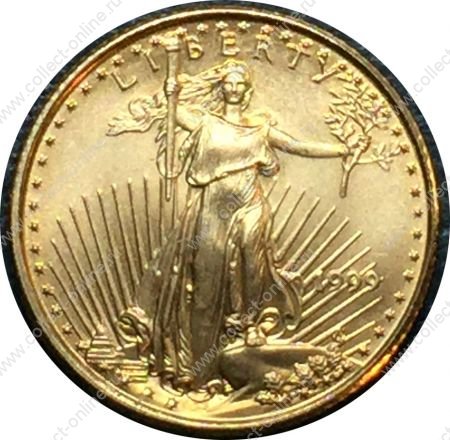 США 1999 г. • KM# 216 • 5 долларов • стоящая "Свобода" • золото 916,7 - 3.393 гр. • MS BU Люкс!!
