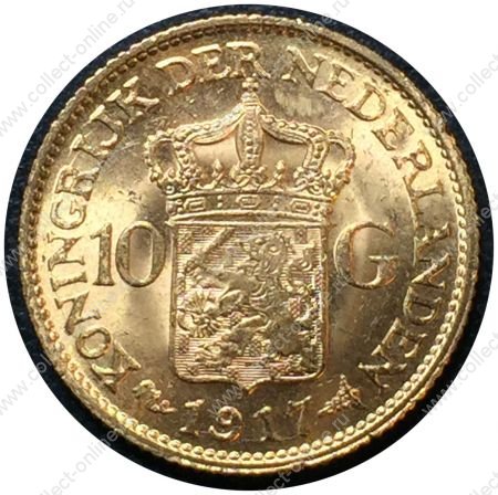 Нидерланды 1917 г. • KM# 149 • 10 гульденов • королева Вильгельмина • золото 900 - 6.73 гр. • MS BU GEM!!