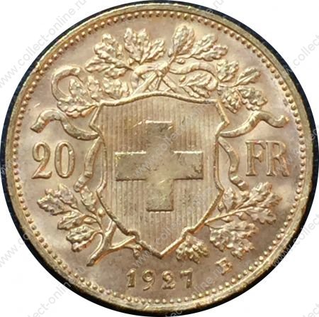 Швейцария 1927 г. B • KM# 35.1 • 20 франков • золото 900 - 6.45 гр. • регулярный выпуск • MS BU Люкс!!