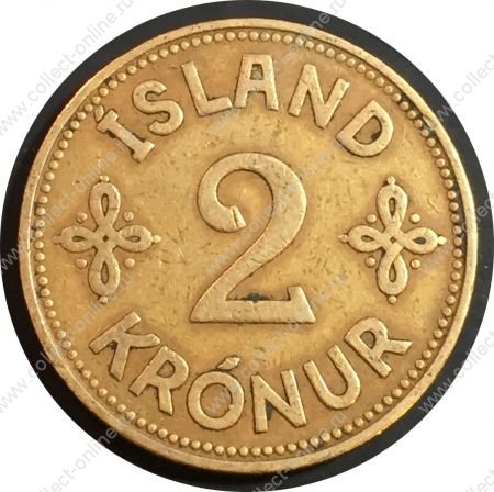 Исландия 1940 г. • KM# 4.2 • 2 кроны • государственный герб • регулярный выпуск • XF
