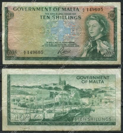 Мальта 1963 г. • P# 25 • 10 шиллингов • Елизавета II • бухта Мджарр(о. Гоцо) • регулярный выпуск • F+ ( кат. - $125 )