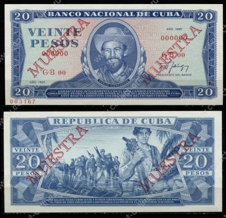 Куба 1987 г. • P# 105ds • 20 песо • Камило Сьенфуэгос • революционеры на марше • образец • UNC пресс