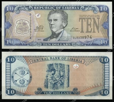 Либерия 2011 г. • P# 27f • 10 долларов • Джозеф Дженкинс Робертс • регулярный выпуск • UNC пресс ( кат. - $ 3,5 )