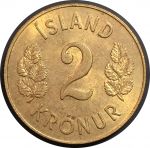 Исландия 1963 г. • KM# 13a.1 • 2 кроны • герб Республики • регулярный выпуск • MS BU