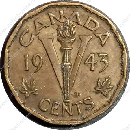 Канада 1943 г. • KM# 40 • 5 центов • сплав томпак • Георг VI • символ Победы • регулярный выпуск • AU+