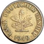 Германия • ФРГ 1949 г. J (Гамбург) • KM# 102 • 10 пфеннигов • регулярный выпуск • XF+ ( кат.- $ 8 )