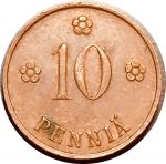 Финляндия 1939 г. • KM# 24 • 10 пенни • финский лев • регулярный выпуск • XF+