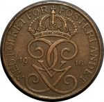 Швеция 1916 г. • KM# 779.2 • 5 эре • королевская монограмма • регулярный выпуск • XF+ (кат. -$10+ )