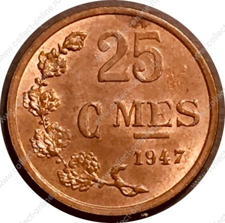 Люксембург 1947 г. • KM# 45 • 25 сантимов • герб княжества • регулярный выпуск • MS BU