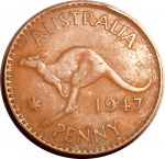 Австралия 1947 г. (m) • KM# 36 • 1 пенни • Георг VI • кенгуру • регулярный выпуск • XF+ ( кат.- $10 )