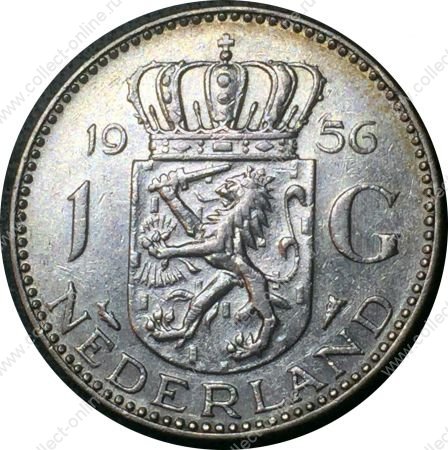 Нидерланды 1956 г. • KM# 184 • 1 гульден • королева Юлиана • серебро • регулярный выпуск • AU+